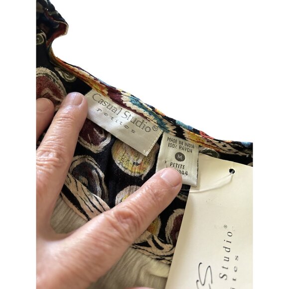 Casual Studio 80s Women's Boho Top Short Sleeves Shoulder Pads Button Front PM - Picture 3 of 6